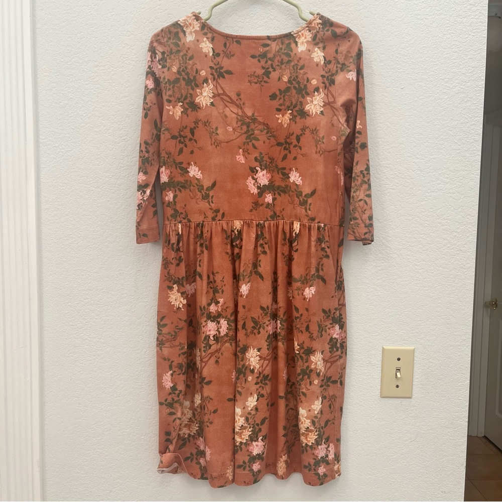 Peruvian Connection Rust Floral Midi Dress with Pink Roses - Picture 3 of 7
